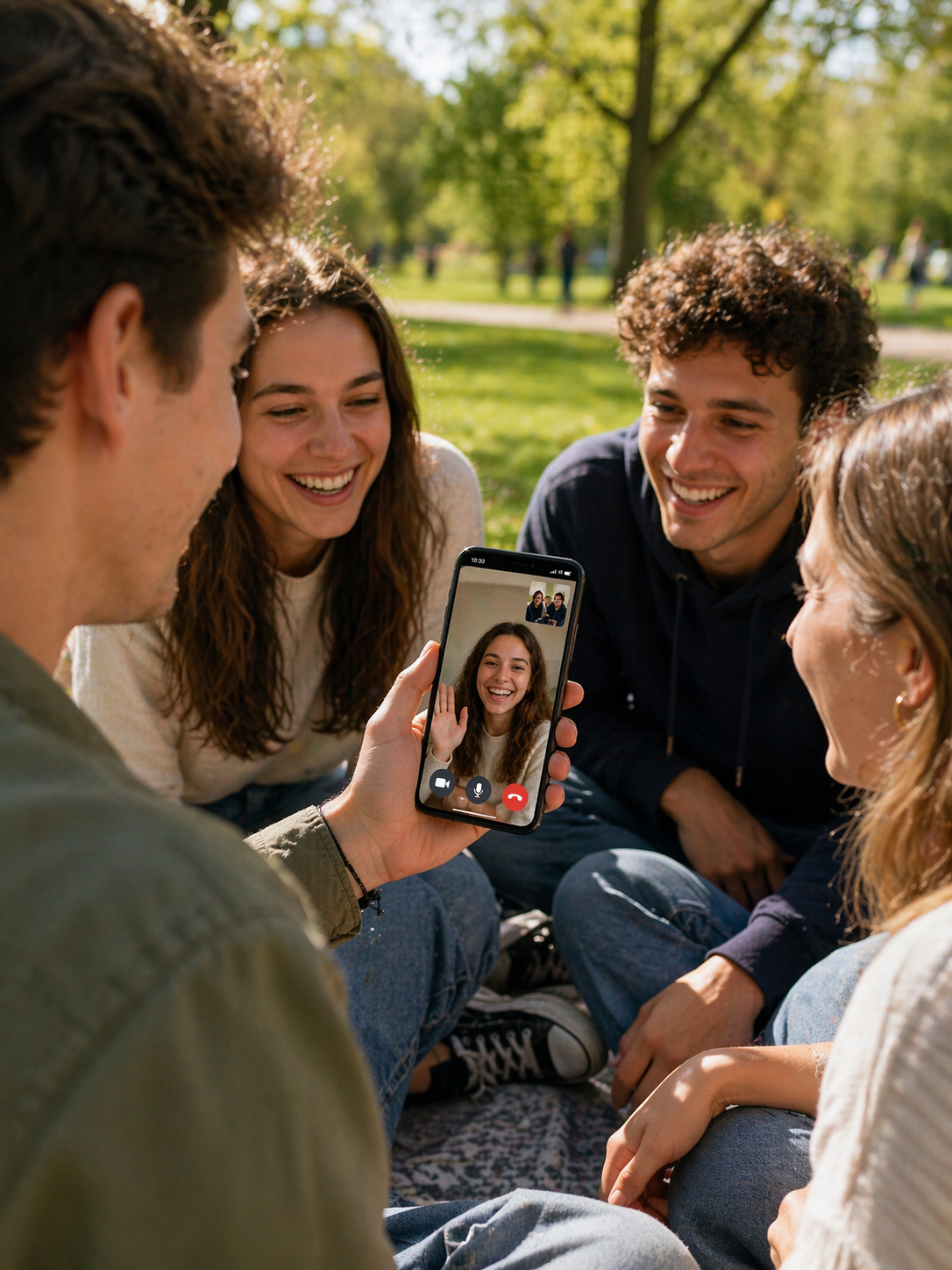 A group of friends sitting in a park, sharing a video call on a phone